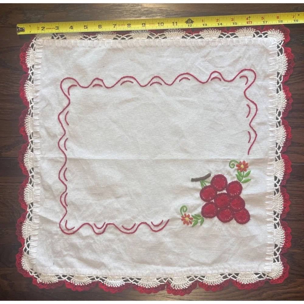 Vintage OOAK Handmade Doily Cherries Granny Red White